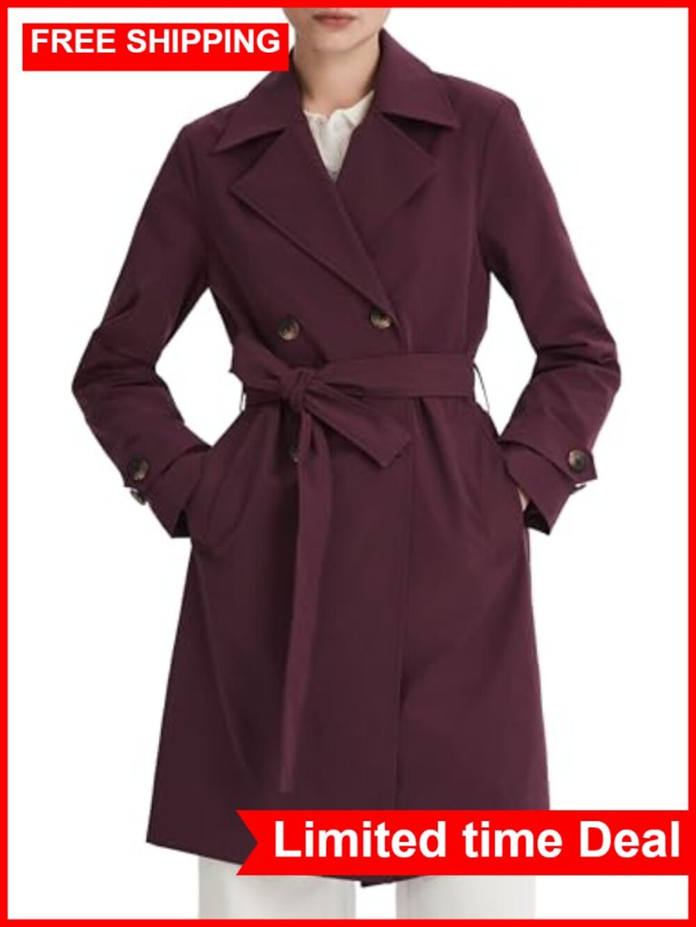 Double Breasted Trench Coat Long Windbreaker Water Repellent Belted
